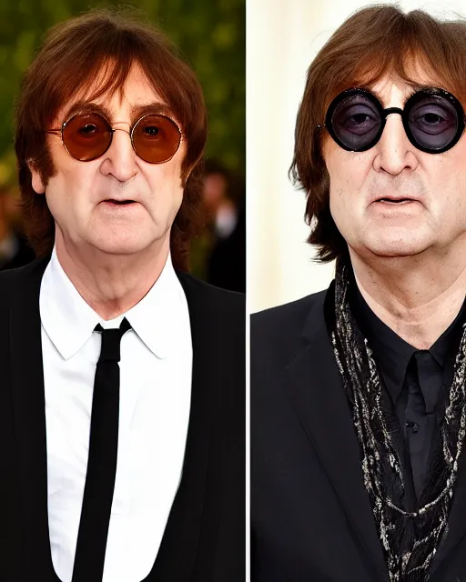 Image similar to genetic combination of john lennon and paul mccartney, photographed at met gala, dynamic lighting, ultra detailed