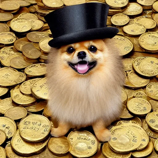 Prompt: A tan pomeranian wearing a top-hat, sitting on top of a large pile of gold coins