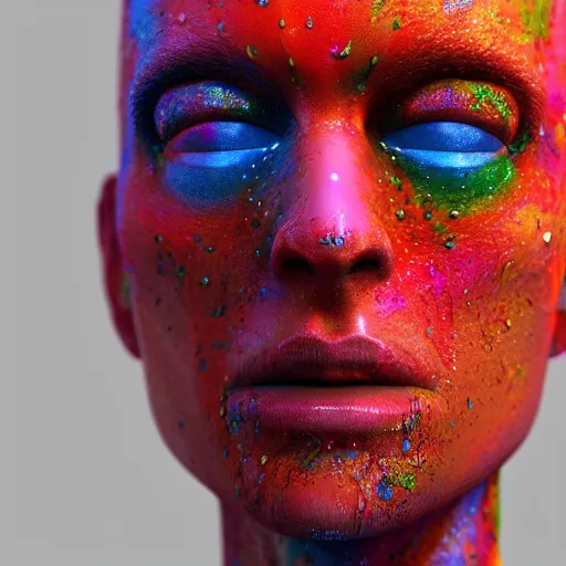 Prompt: a beautiful intricate 3D render of colorful acrylic paint dripping down the face of a humanoid by zach sutton, perfection!, studio lighting, 50mm lens, 3d render, octane render, deep depth of field, artstationHQ, 8K