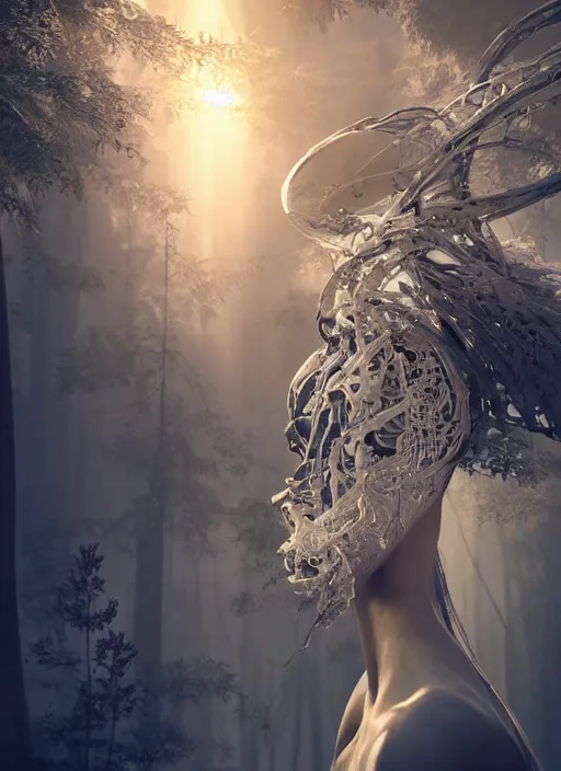 Image similar to beauteous sumptuous biomechanical incredible hair, crystalline masterpiece incrustations, hyperdetailed face, elegant pose, movie still, intricate, octane render, cinematic forest lighting, cgsociety, unreal engine, crepuscular rays, god rays