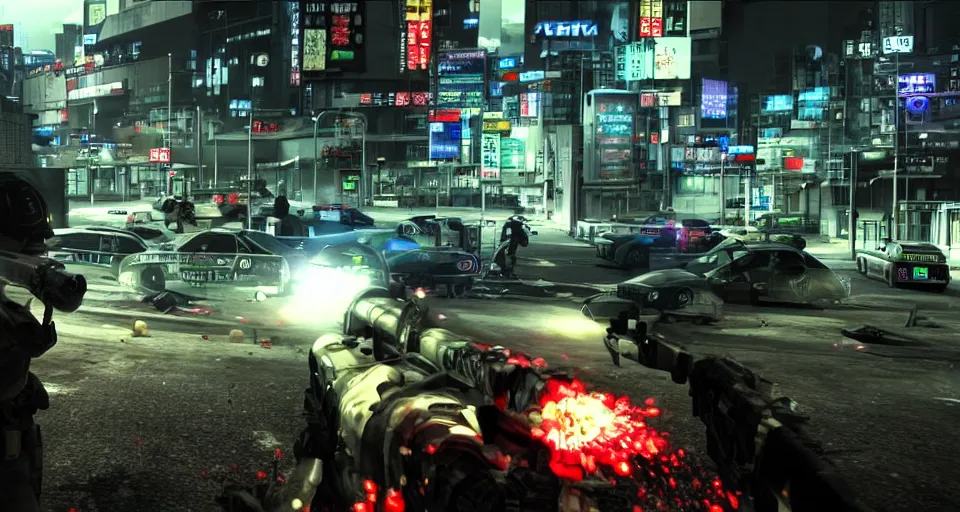 Prompt: 2011 Video Game Screenshot of Neo-tokyo Cyborg bank robbers vs police FPS, Set in Tokyo Bank Parking Lot, Dark, Multiplayer set-piece Ambush, Tactical Squads :10, Police officers under heavy fire, Suppressive fire, Pinned down, Destructible Environments, Gunshots, Headshot, Bullet Holes and Anime Blood Splatter, :10 Gas Grenades, Riot Shields, MP5, AK45, MP7, P90, Chaos, Anime Machine Gun Fire, Gunplay, Shootout, :14 FLCL + Akira, Cel-Shaded:17, Created by Katsuhiro Otomo + Arc System Works + miHoYo: 20