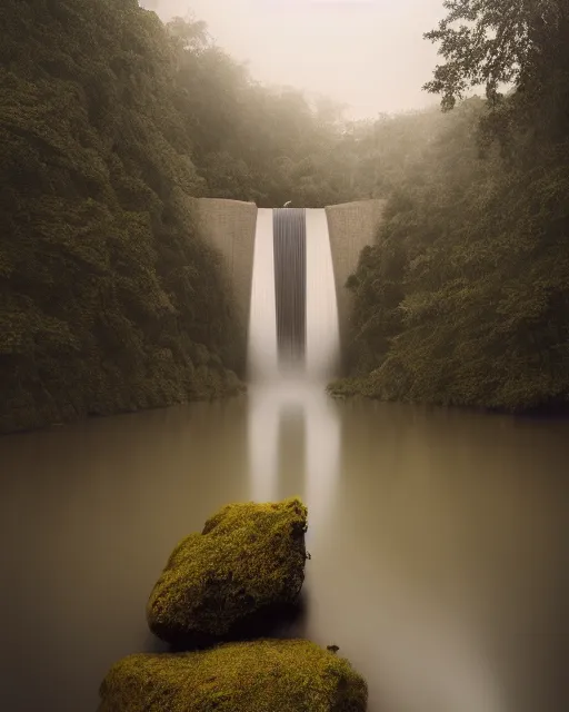 Image similar to a magical dam in the middle of a lush forest at night, minimalist design, architectural photography, dark and dim lighting, beautiful, tranquil, moody, cinematic, fantasy, 3 5 mm lens, volumetric lighting, first person view, photographic render, hyper realistic