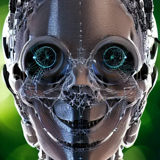 Image similar to very detailed portrait 55mm photo of a mechanical head without skin, with crystal bones and optic fiber nerves, gears in his head and cybernetic enhancements. Has cameras for eyes. In the forest with bokeh. Ray tracing and tessellation. Very sharp high detailed 8k image