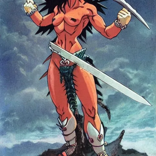 Image similar to saiyan girl, wild spiky red hair, long spiky hair, electrified hair, holding scimitar made of bone, scimitar, sword, jagged sword, curved sword, orkish sword, colorized, gray skin, hyper - detailed, primeval fantasy, prehistoric fantasy, drawn by frank frazetta