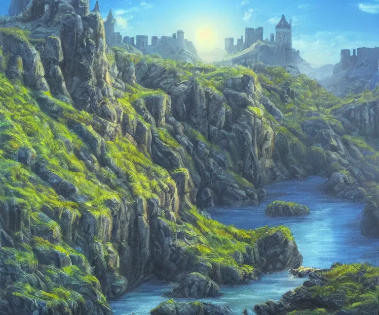 Image similar to medieval fantasy artwork. woodland with cliffs in the background. on top of the cliffs is a castle made of pure blue light. oil on canvas.