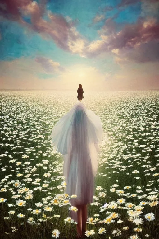 Image similar to giant white daisy flowers veil head, girl walking in a flower field, surreal photography, sunrise, dramatic light, impressionist painting, colorful clouds, digital painting, artstation, simon stalenhag