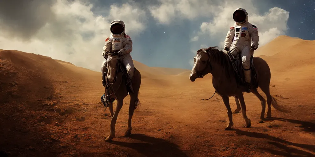 Prompt: american astronaut, riding a horse in socotra island, plants environment, wide angle, cinematic lighting, atmospheric, realistic, octane render, highly detailed, color graded, in the style of craig mullins