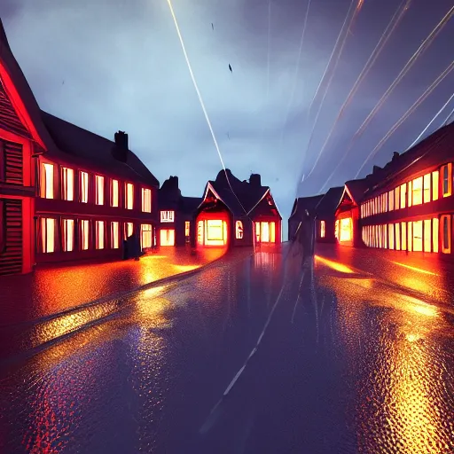 Image similar to dark rainy night, lights, swedish red houses, cars driving, rain on screen, realistic, cinematic, raytracing, intense detail, artstation