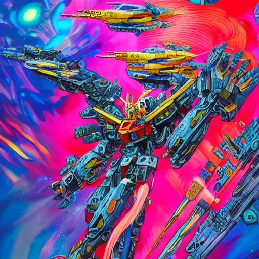 Prompt: An extremely Gundam psychedelic experience, colorful, surreal, mecha, LSD, face, jet turbine, tarot, detailed, intricate, elegant, highly detailed, super detailed, insane detailed, digital painting, concept art, smooth, sharp focus, illustration, art by josan gonzales, Krenz Cushar, Marco Plouffe, dan mumford, Artem Demura and alphonse mucha