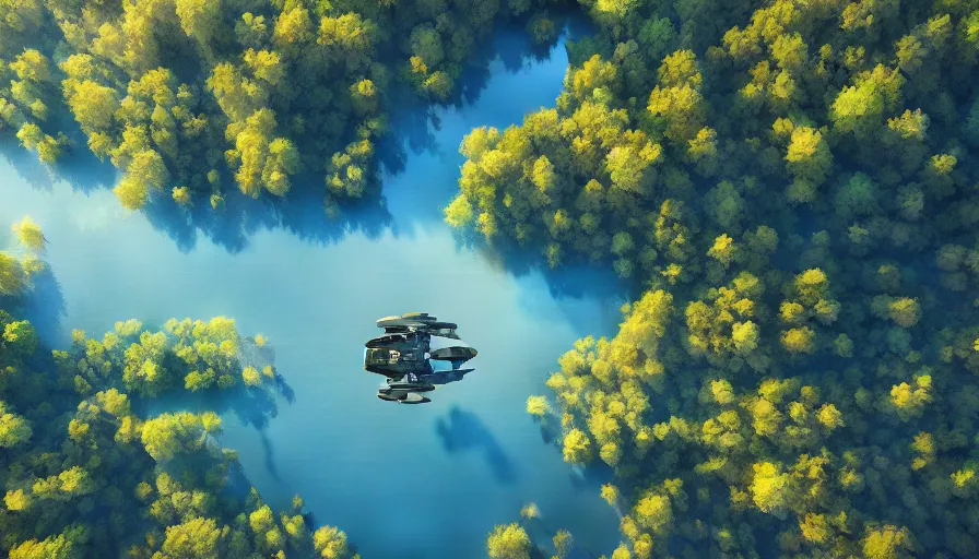 Prompt: aerial portrait of a vast lake surrounded by woodland, highly detailed, sunny, blue sky, cinematic lighting, high angle, volumetric, photorealistic, digital art painting by greg rutkowski