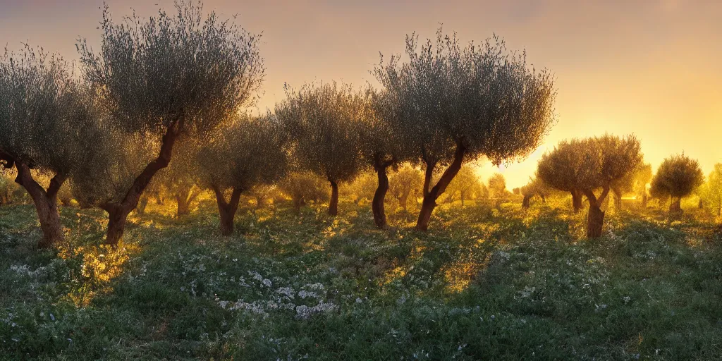 Prompt: flourishing blooming garden full of olive trees in italy, painting, matte painting, canvas, 4 k, 8 k, high detail, golden hour, sunset, epic light, shadows, contrast,