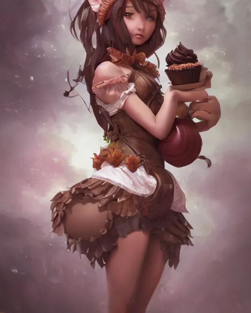 Image similar to a ( girl as personification of chocolate cupcake ), beauty photoshoot, fantasy bakery, digital art by krenz cushart, laurie greasly, wlop, artgerm, intricate, ( highly detailed figure ), sharp focus, smooth, epic composition, joyful, unreal engine