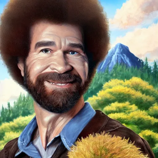 Prompt: a closeup photorealistic photograph of bob ross holding a paintbrush and diligently finishing a canvas painting of spider man. mountains and trees. film still. brightly lit scene. this 4 k hd image is trending on artstation, featured on behance, well - rendered, extra crisp, features intricate detail, epic composition and the style of unreal engine.