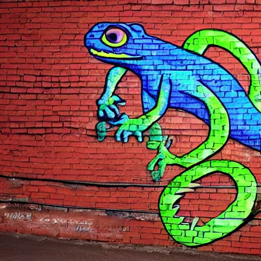 Prompt: a hyperrealistic graffiti on brick wall of a trippy lizzard, colorfu, 4 k