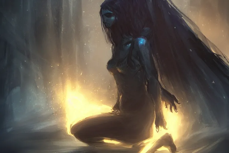 Prompt: the silhouette of the dark sorceress as she bestows her magic upon her disciple, which is kneeling in front of her, concept art, trending on artstation HD, glowing magic,