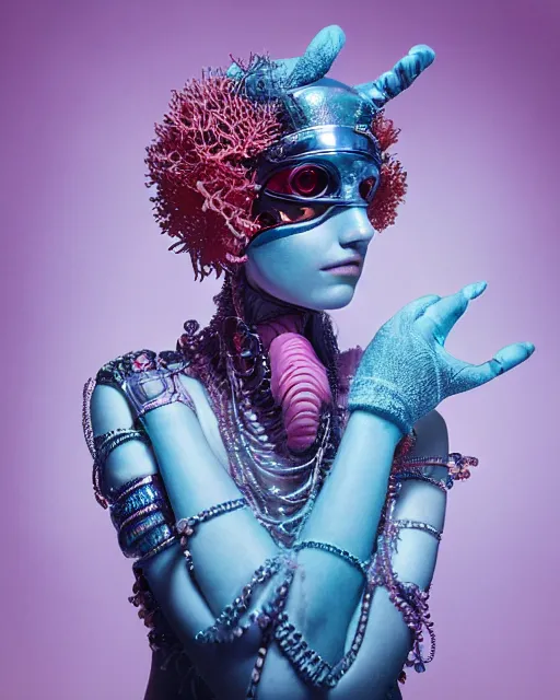 Prompt: natural light, soft focus portrait of a cyberpunk anthropomorphic coral with soft synthetic pink skin, blue bioluminescent plastics, smooth shiny metal, elaborate ornate head piece, piercings, skin textures, by annie leibovitz, paul lehr