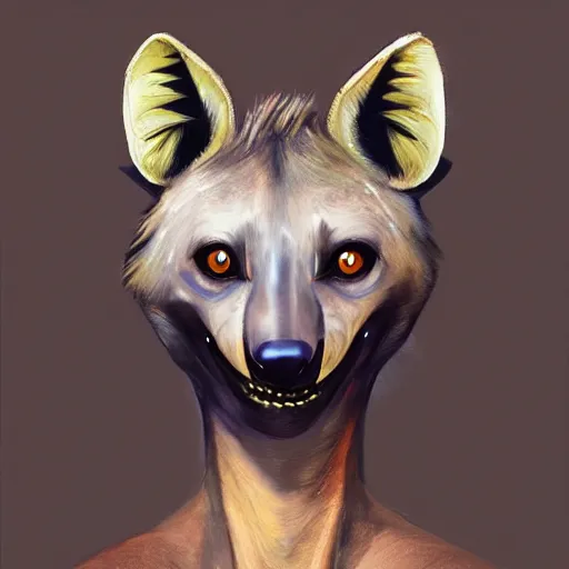 Prompt: painted portrait of an anthropomorphic hyena smiling, trending on artstation, by anna dittmann