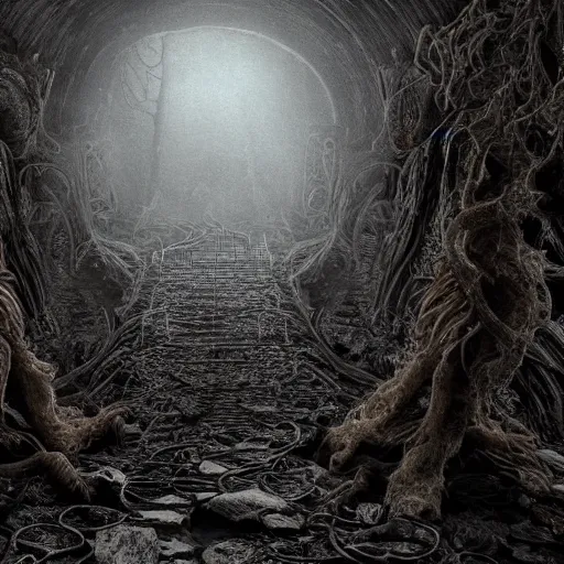 Prompt: a highly detailed realistic photographic render of an ethereal pathway, a labyrinthian hell, projecting a bellow that quakes the gallows, creepy, horror, horror scene, cinematic horror, creepy horror, scary scene, cinematic lighting, cinematic scene, Volumetric lighting, Atmospheric scene, Dark, Horror, Atmospheric lighting, Global illumination, realistic, photo realism, hyper realistic, hyper realism, photo realisitc, cinematic render, film, beautifully lit, ray traced, octane 3D render, octane render, unreal engine