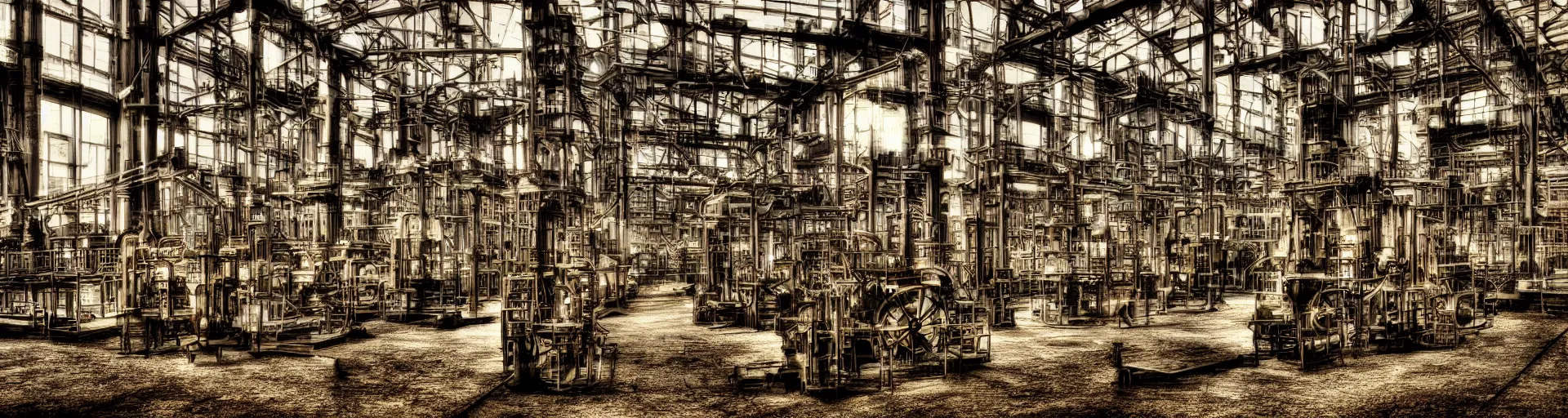 Prompt: an industrial age steam engine factory, color photography, digital art