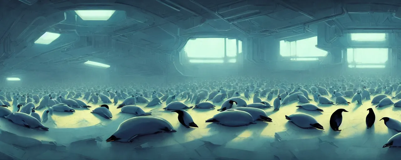 Image similar to duotone concept illustration wide angle of many emperor penguins in scifi computers room. cinematic scene. volumetric lighting. golden ratio accidental renaissance. by sachin teng and sergey kolesov and ruan jia and heng z. graffiti art, scifi, fantasy, hyper detailed. octane render. concept art. trending on artstation