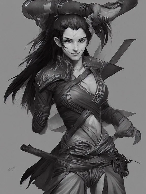 Prompt: picture of a teenager half elf monk, bandaged hands, leather clothes, combat pose, ponytail, energetic smile, highly detailed, detailed face, grayscale, manga illustration, black and white, by artgerm, greg rutkowski, alphonse mucha