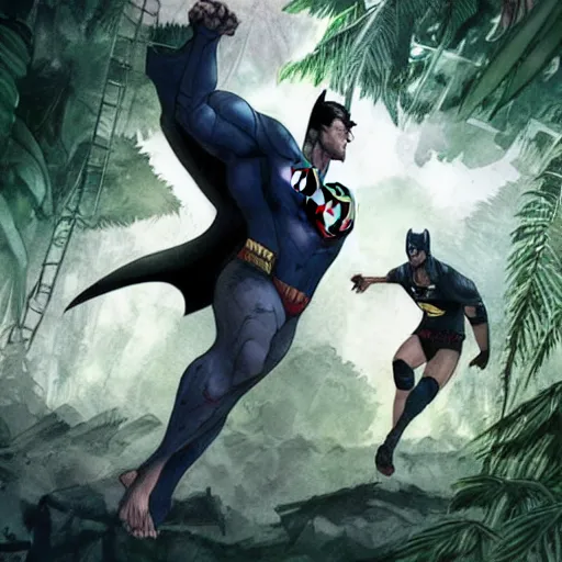 Prompt: batman and superman are playing volleyball in a jungle, in the style of greg rutkowski and artgerm, high detail