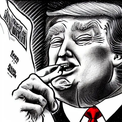 Image similar to close - up portrait of donald trump eating newspapers, by robert crumb, black and white drawing, very intricate