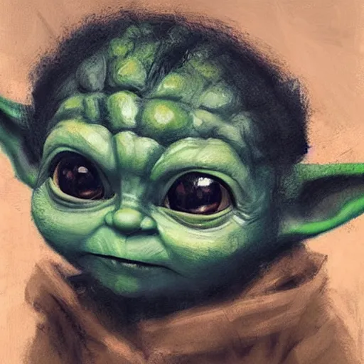 Prompt: portrait of a sad baby yoda looking at the burning world, artwork by guy denning and charlie bowater,