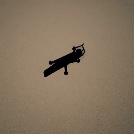 Prompt: photograph of a low polygon drone flying above sand,