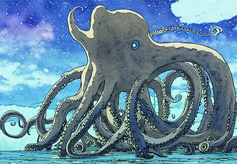Image similar to a simple watercolor studio ghibli movie still fantasy concept art of stonehenge underwater. a giant octopus from princess mononoke ( 1 9 9 7 ) is holding large stones. it is a misty starry night. by rebecca guay, michael kaluta, charles vess