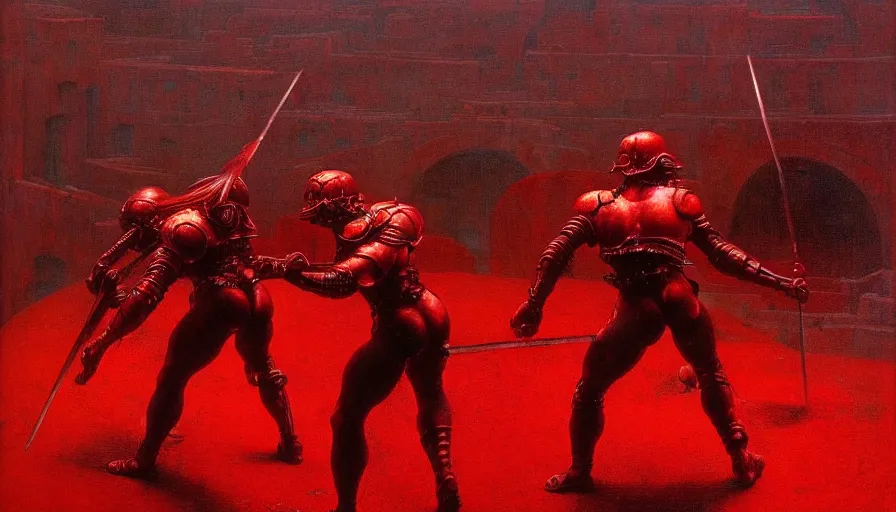 Image similar to only with red, a lightly armored gladiator in a crowded roman amphitheatre, crowd cheering, in the style of beksinski and edward hopper and rodcenko and yue minjun and rolf armstrong, intricate and epic composition, red by caravaggio, highly detailed, masterpiece, red light, artstation