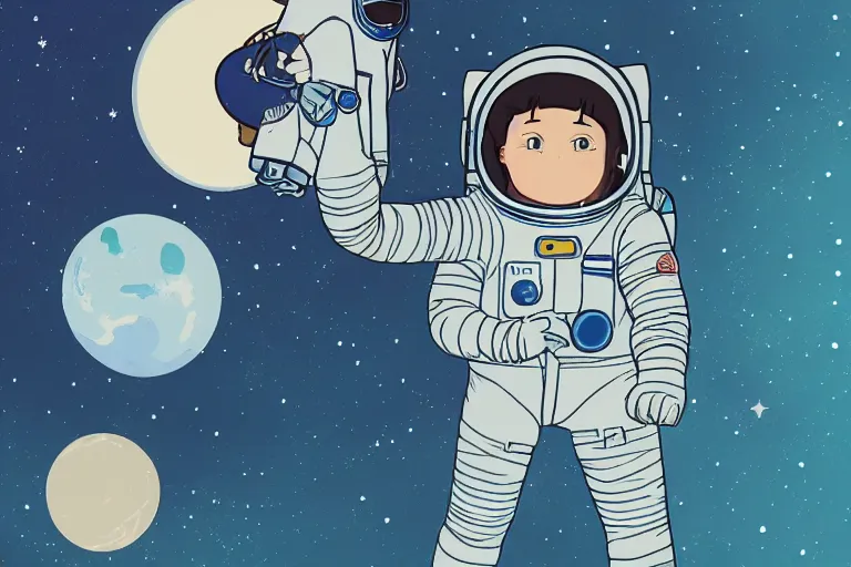 Prompt: A cell animation of a female astronaut on the first moon landing, Miyazaki Hayao, ghibli style, illustration, azure tones, vintage colors, anime, trending on artstation