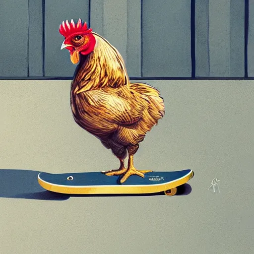 Image similar to a chicken riding a skateboard in california los angeles by greg rutkowski