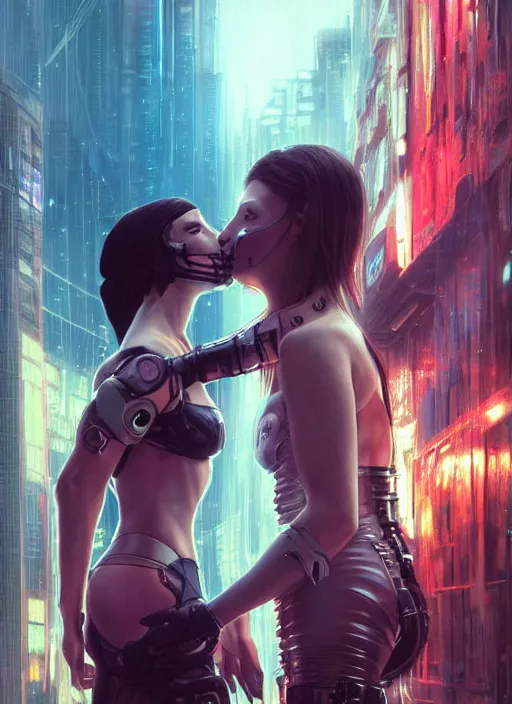 Image similar to ultra realistic medium shot of a couple of cyborgs kissing, lovers, cyberpunk, sci - fi, fantasy, kodak, photorealistic illustration, colour led, soft light, volumetric lighting, night, intricate, highly detailed, digital painting, concept art, smooth, sharp focus, illustration, art by artgerm and greg rutkowski and alphonse mucha