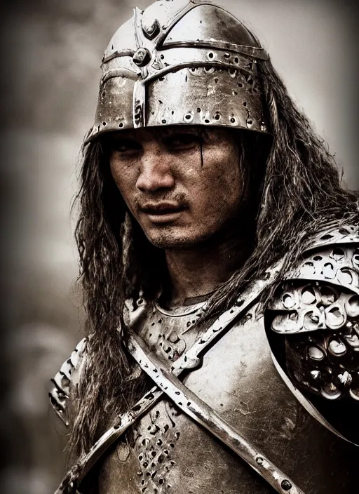 Image similar to photo of medieval tribal warrior ultra realistic, cinematic, full shot,