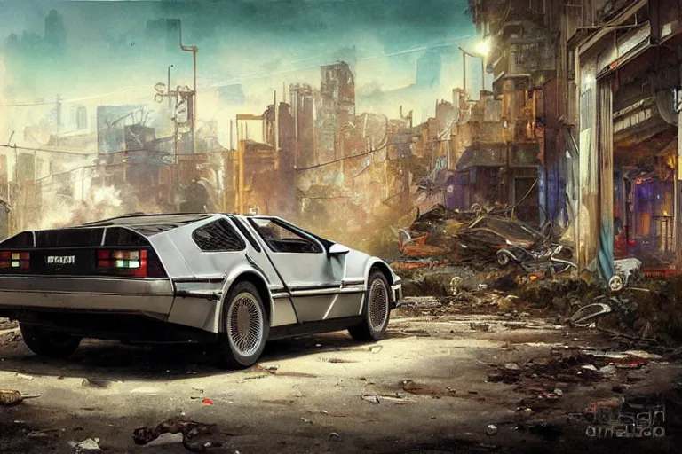 Image similar to photograph of the delorean driving down the streets of a cyberpunk abandoned city, by greg rutkowski, by stanley artgerm, by alphonse mucha