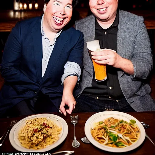 Image similar to portait of michael mcintyre and middle aged blonde woman with short hair and a blonde woman with long hair having dinner at sunday in brooklyn restaurant, photo