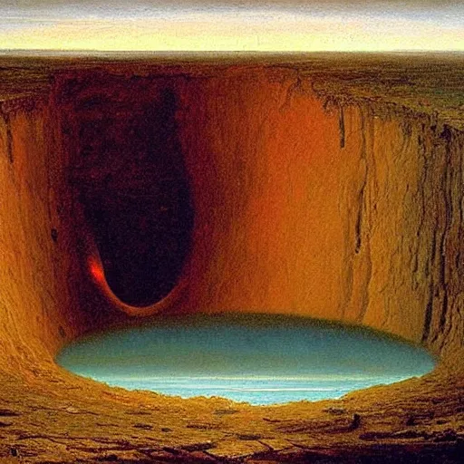 Image similar to a painting of the end of all time, there is a giant hole forming in the earth leading to the core of the earth and millions are being burned alive by the fire coming out of the hole, 8 k, by francis danby