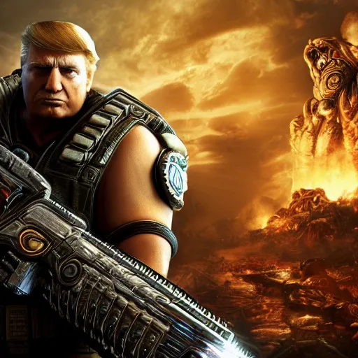 Prompt: photo portrait of donald trumpwith cigar as god emperor in gears of war, splash art, movie still, detailed face, photorealistic facial features, cinematic lighting, dramatic, octane render, long lens, shallow depth of field, bokeh, anamorphic lens flare, 8 k, hyper detailed, 3 5 mm film grain