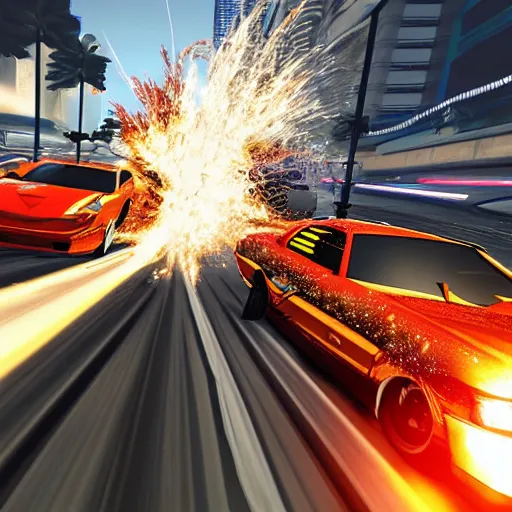 Prompt: front view tilted angle of Two cars clashing against each other side by side with sparks in the style of burnout 3 Takedown