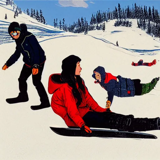 Prompt: Pogg and Yuurei sledding in Canada, 4k, sharp focus,woodcut art, greg rutkowski