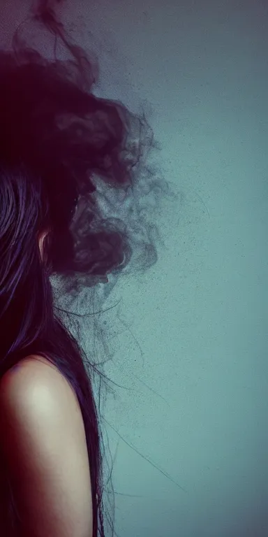 Image similar to dark background, light paint, candid!! long portrait of a very very beautiful! young filipino woman with narrow face, large closed eyes and flowing long hair, swirling dreamy smoke and fog is coming from her mouth, face partially obscured, by conrad roset, abstract background, dramatic lighting, minimal art, trending on artstation