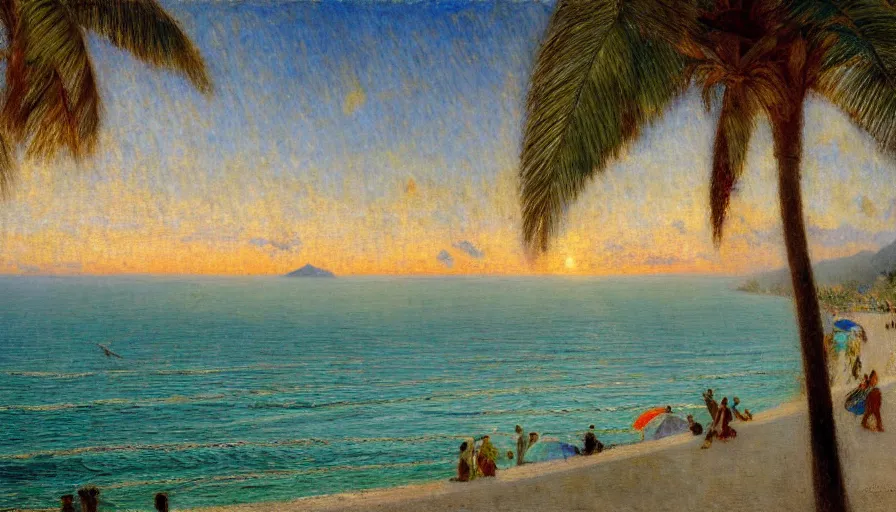 Image similar to a ultradetailed beautiful painting of the thunderstorm sky of the rio de janeiro palace balustrade designed by jules bastien - lepage, tarsila do amaral, frank weston and gustave baumann, beach, trending on artstation, mediterranean, palm trees, sharp focus, colorful refracted sparkles and lines, soft light, 8 k 4 k