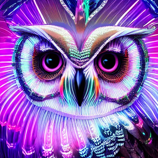 Image similar to detailed portrait of a magical lights owl, wearing a diamond crown, glowing feathers, halfway through, hyper detailed, stylistic, symmetrical, 3 d render, 8 k, octane render