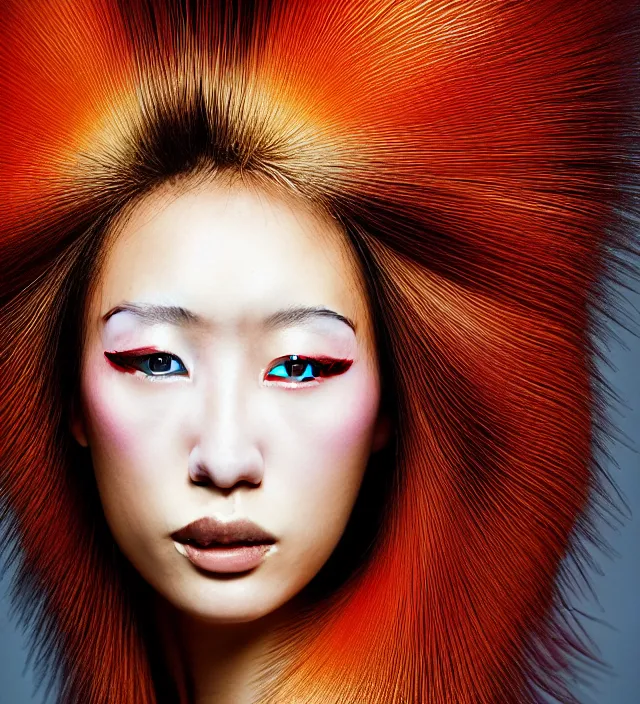 Prompt: photography portrait of stunning japanese woman with great hair style, wearing ae stunning sophisticated coat created by * iris van herpen *, with a colorfull makeup, half in shadow, natural pose, natural lighing, highly detailed, skin grain detail, photography by * paolo roversi *, lighting by * helmut newton *