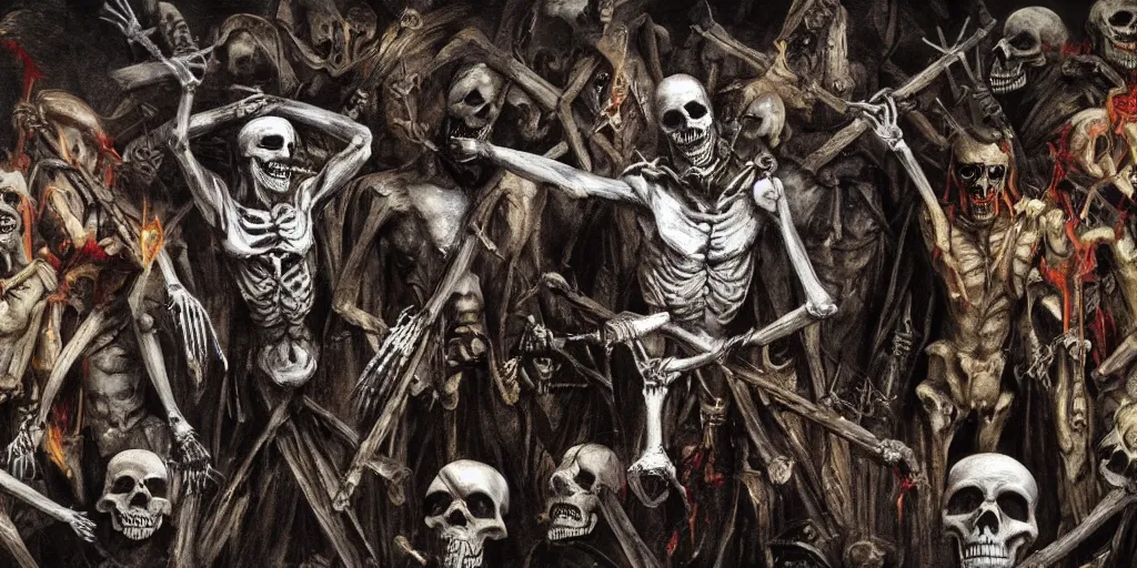 Image similar to dante's inferno painting, illuminati symbol, crows, skeletons, crosses, jesus, dark beauty, rotten gold, perfect faces, extremely detailed, cinema 4 d, unreal engine.