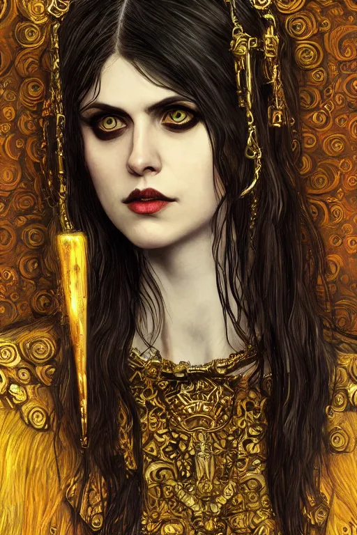 Image similar to portrait of beautiful gothic Alexandra Daddario, cyberpunk, Warhammer, highly detailed, artstation, illustration, art by Gustav Klimt