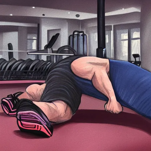 Prompt: a guy working out at the gym, falls a sleep, dramatic , digital painting