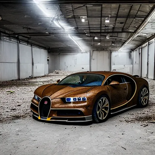 Image similar to an abandoned, derelict, ( really rusty ) bugatti chiron in a dirty warehouse