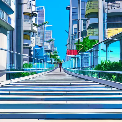 Prompt: oceanfront walkway, futuristic city, colorful city, curved railing, long railing, shining sea, cel - shading, 2 0 0 1 anime, cel - shaded, bright sunshine, jet set radio, mirror's edge, raytracing, toon - shading, strong shadows